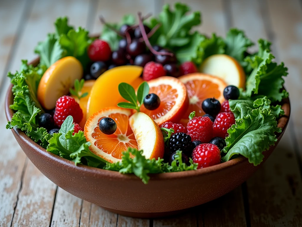 Illustrated bowl of greens and fruit