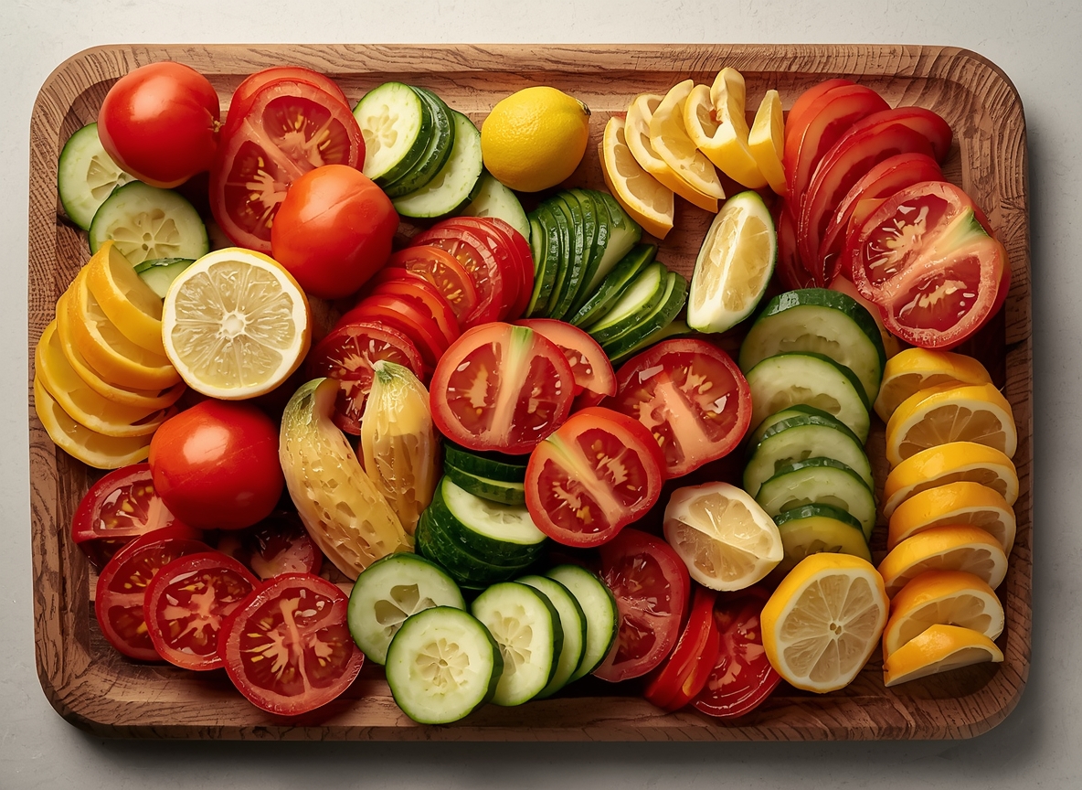 Illustration of a wooden board with sliced produce